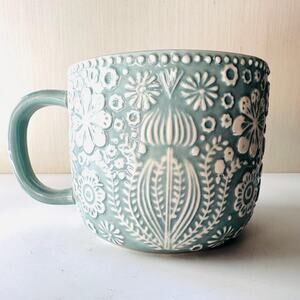 Retired World Market Jolly Hearts Coffee Tea Mug Oversize Blue Embossed Flowers